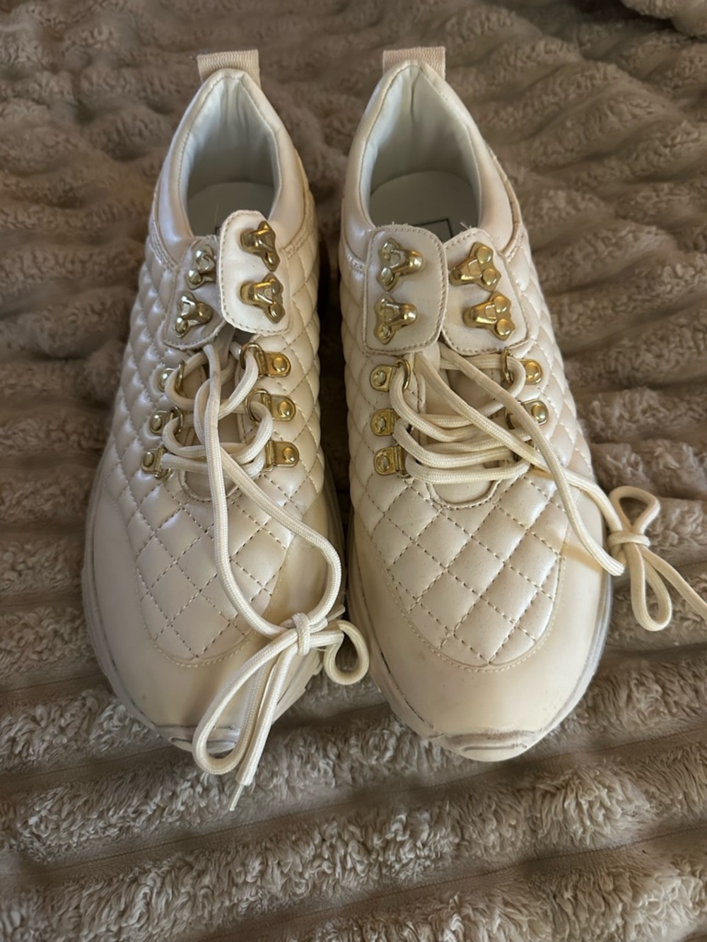 ShuShop Quilted Cream Sneakers with Gold Hardware